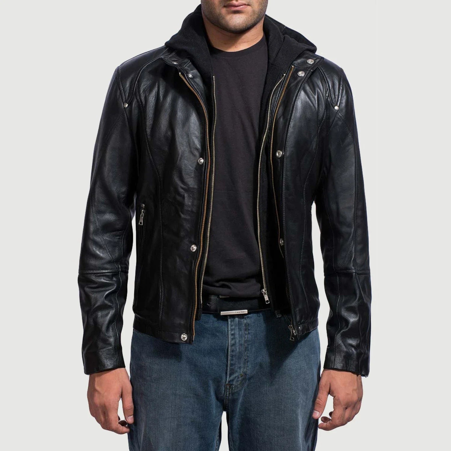 Black leather hooded jacket men's sales