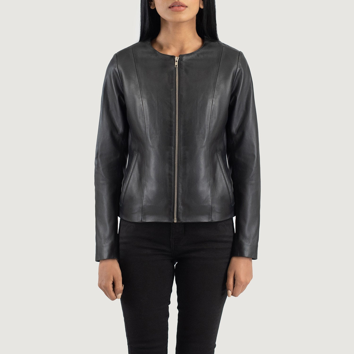 Women s Elixir Black Collarless Leather Jacket The Jacket Maker
