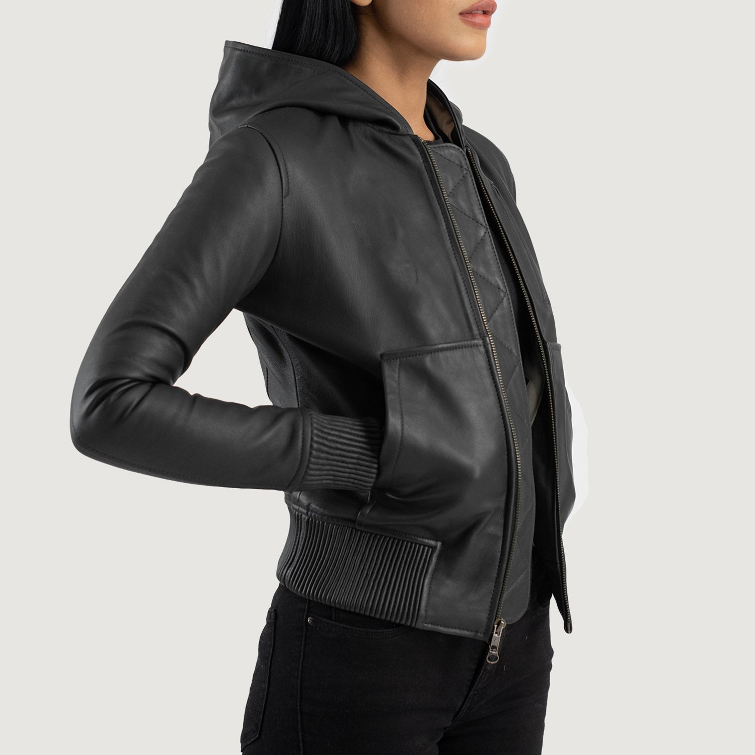 Women s Luna Black Hooded Leather Bomber Jacket The Jacket Maker