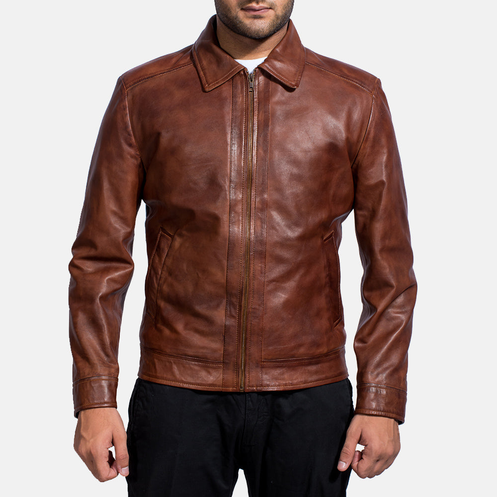 Blouson En Cuir Marron Pour Homme - Style Motard Vintage, Doublure Laine
